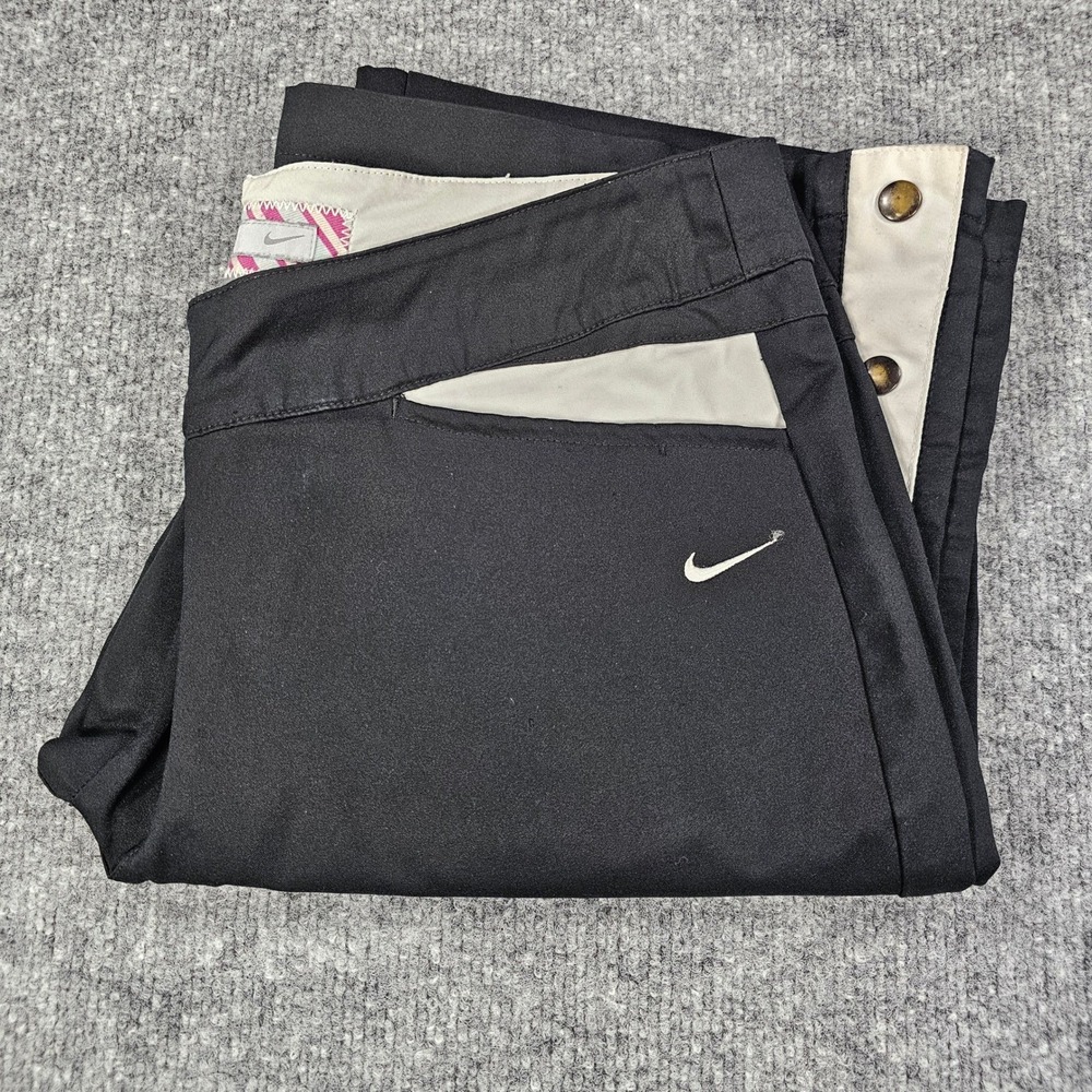 Vintage Nike Women M Black Wide Leg Track Pant Snap Button Cuff Y2K Hip Hop 8-10